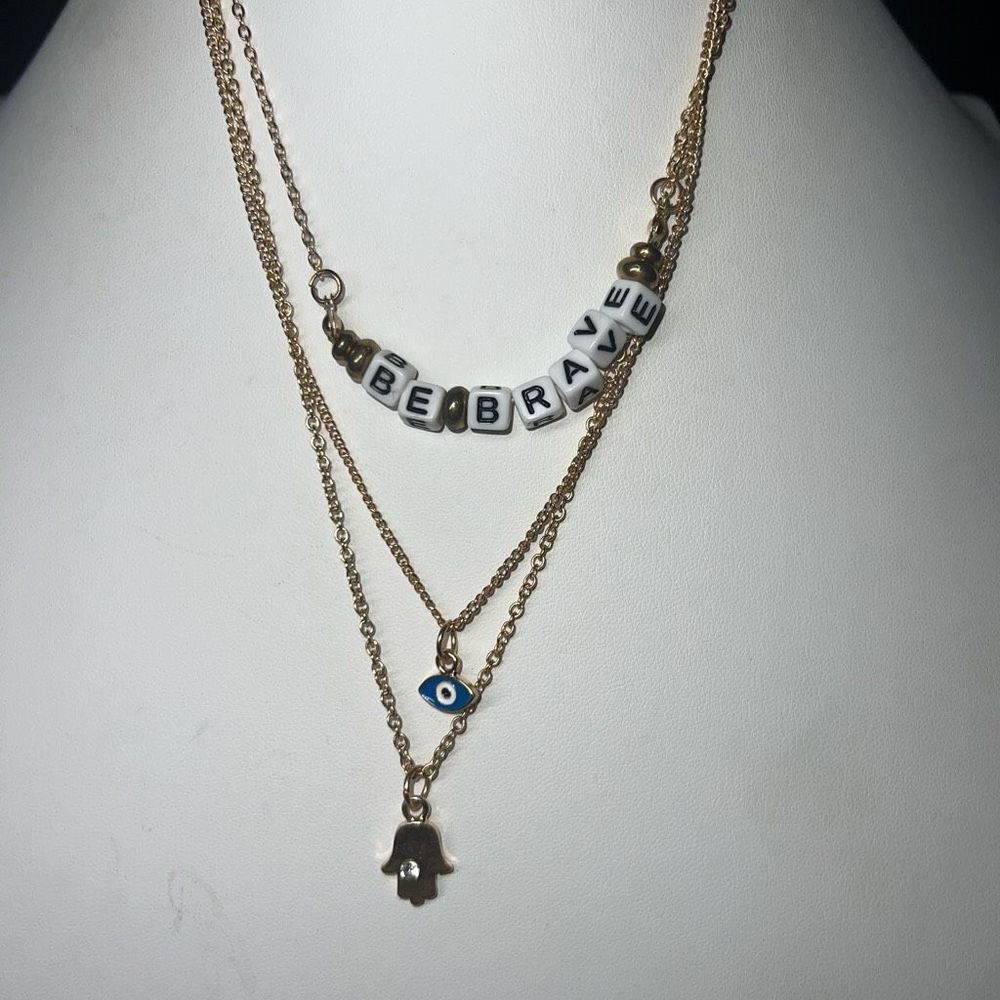 Set “Be Brave” Letter Tile and Evil Eye Hamsa 🪬 Good Luck Charm Necklaces